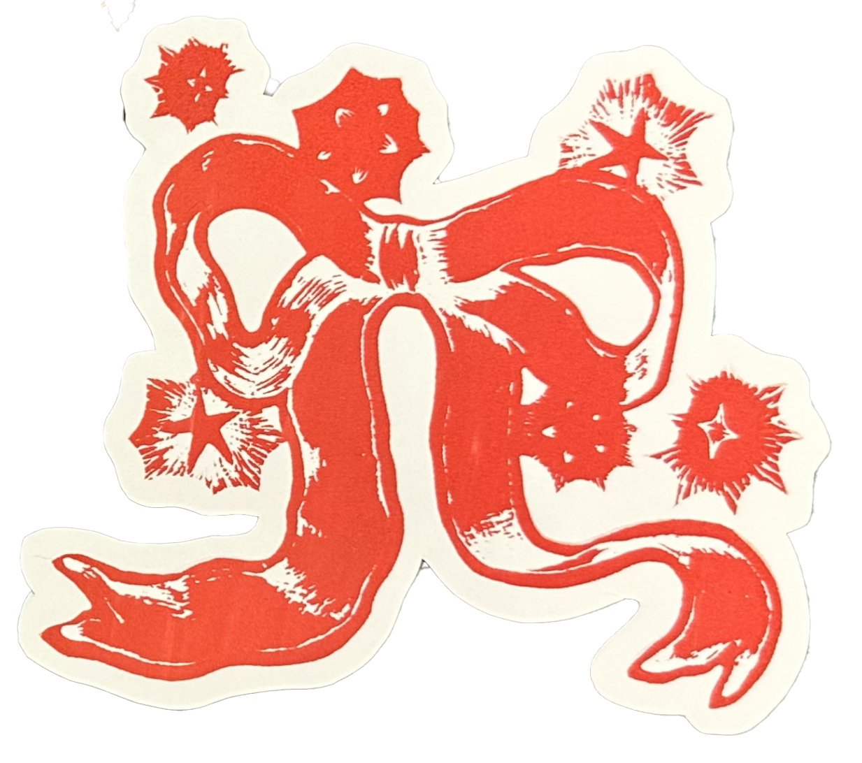 red, screen printed sticker with stylised, hand-drawn stars surrounding