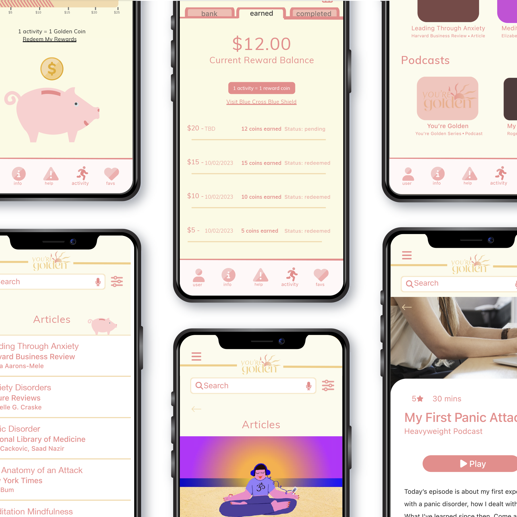 close-ups of app screens focusing on the banking, podcast, and meditation sections of the app.