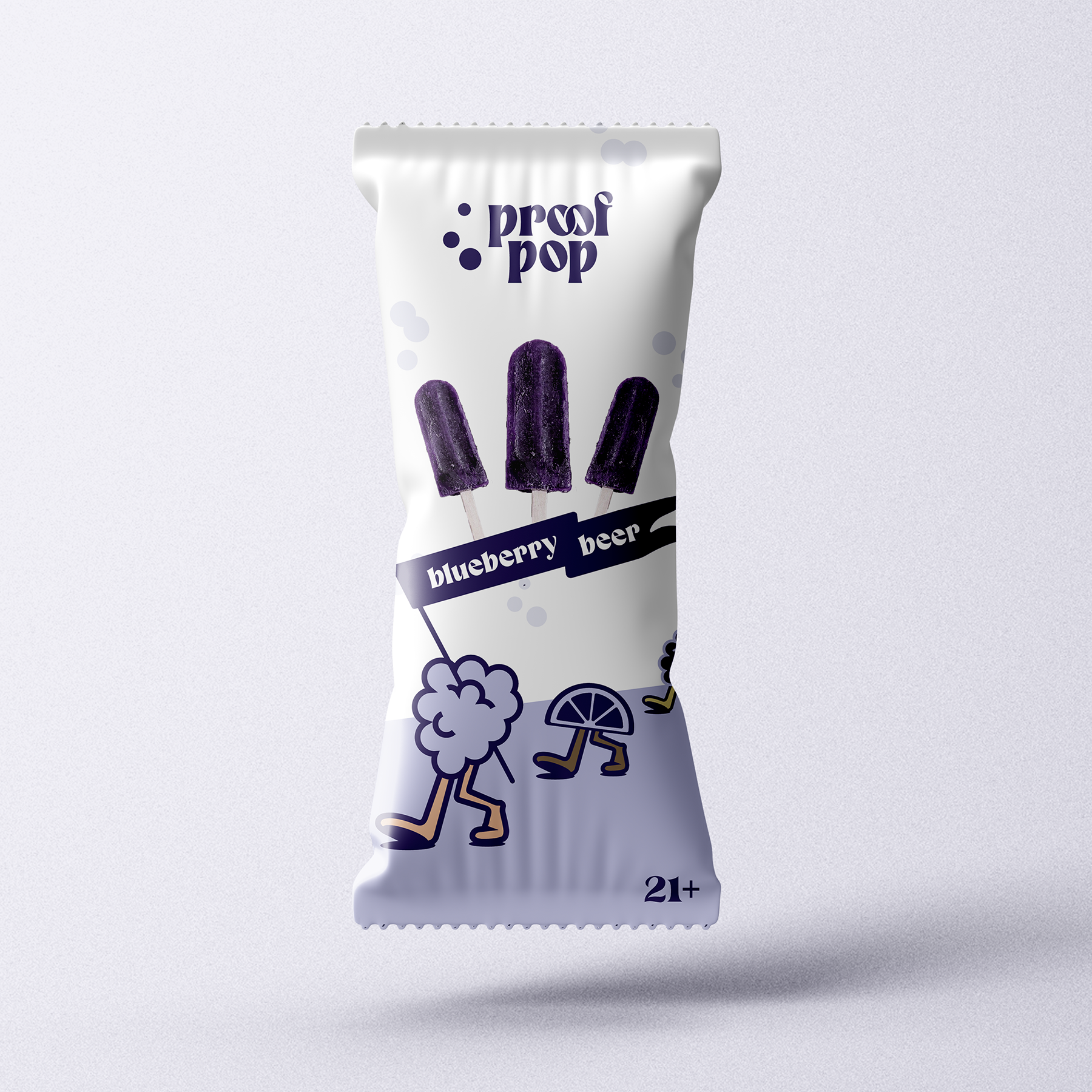 blueberry beer flavor popsicle wrapper design. Raspberry holding banner with says the flavor name